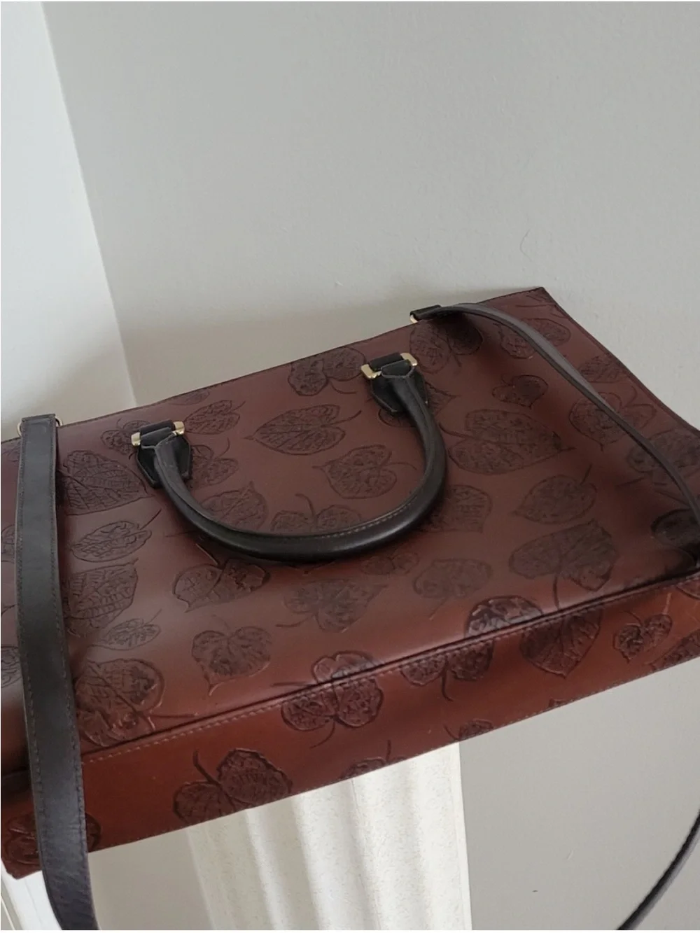 Scully Elegant Brown Leaf-Embossed Leather Tote - Black Handles